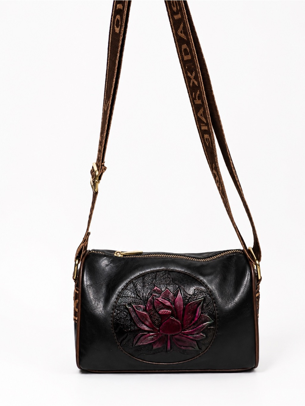 Embossed Lotus Floral Crossbody Bag Black Wide Strap Boho Wearable Art Purse - Picture 2 of 9